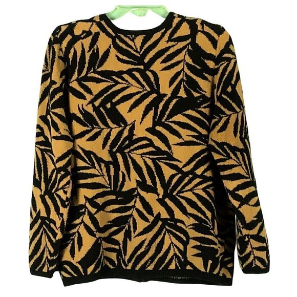 Talbots Cardigan Sweater‎ Women Black/Light Brown Leaf Fern Print Full Zip - Picture 2 of 7